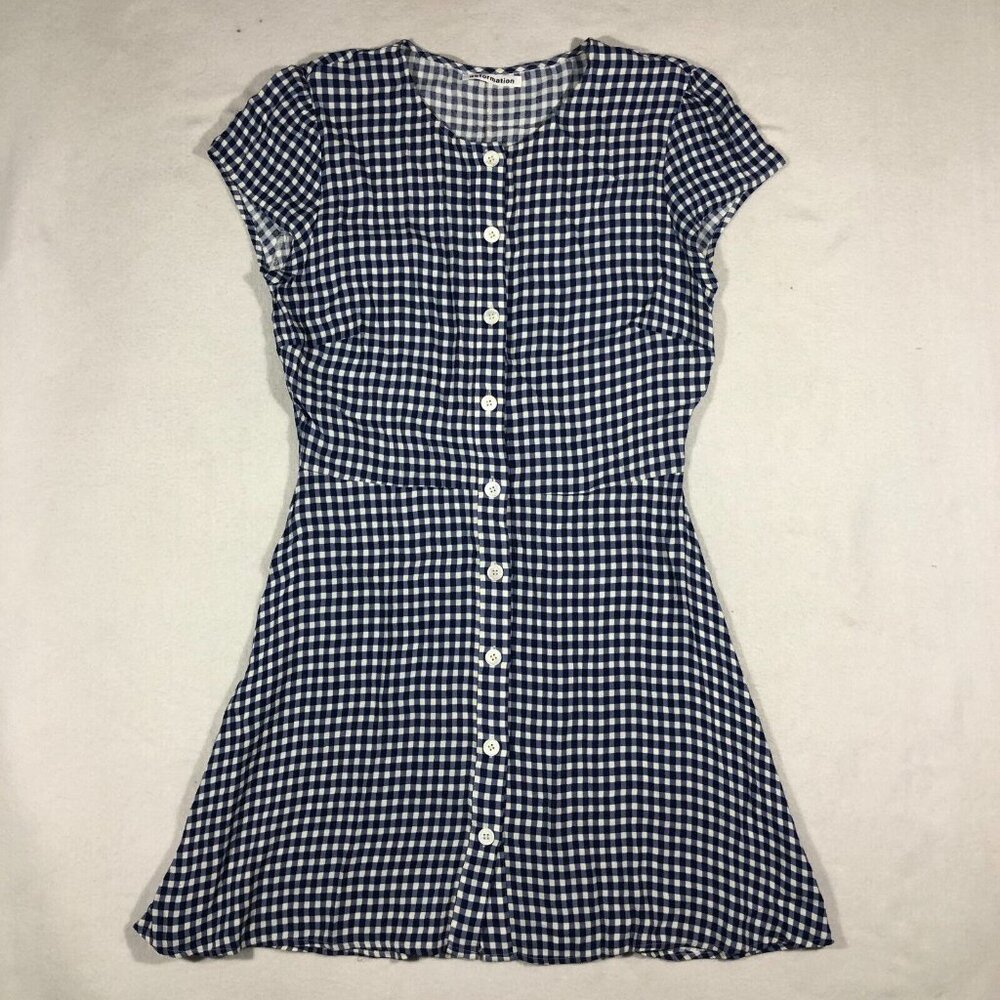 Reformation Dress Womens 12 Gingham Check Button Front Blue White Short Sleeve